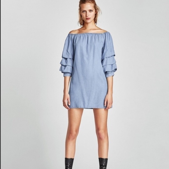 Zara Ruffle Sleeve Chambray Denim Off Shoulder Dress - Picture 9 of 16